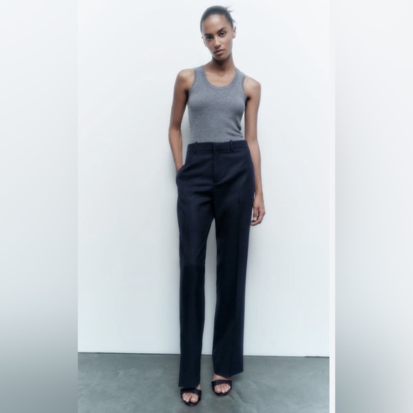 Zara PINSTRIPE SLIM FIT PANTS NAVY BLUE - Picture 1 of 8